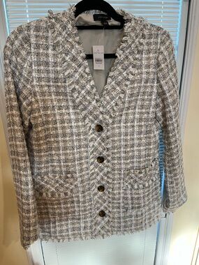 Ann Taylor Cream and Gray Tweed Frayed-Edge Oversized Blazer Jacket
